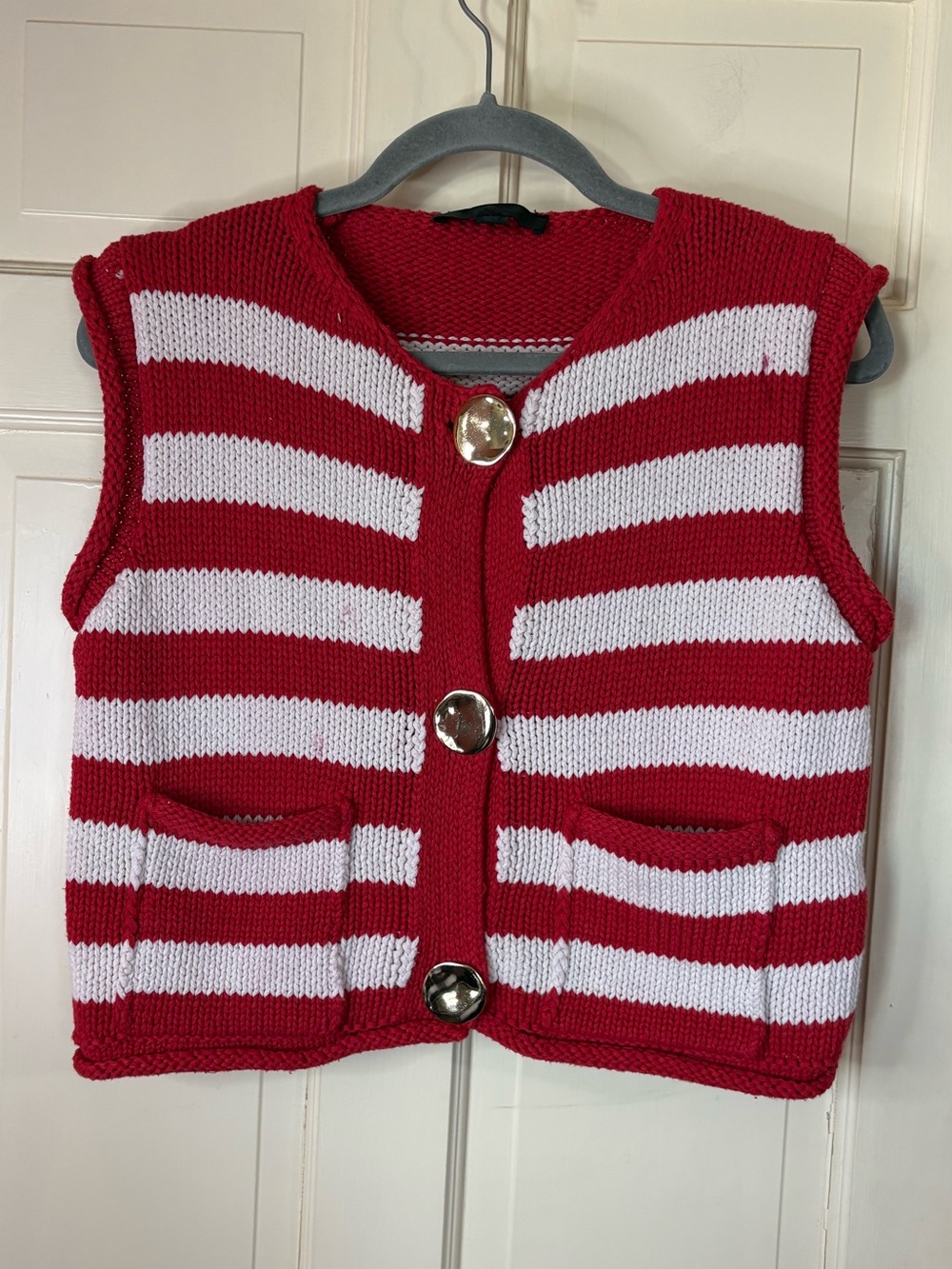 Zara Womens Small Cardigan Sweater Sailor Red Stripe Crunky Knit Sleeveless